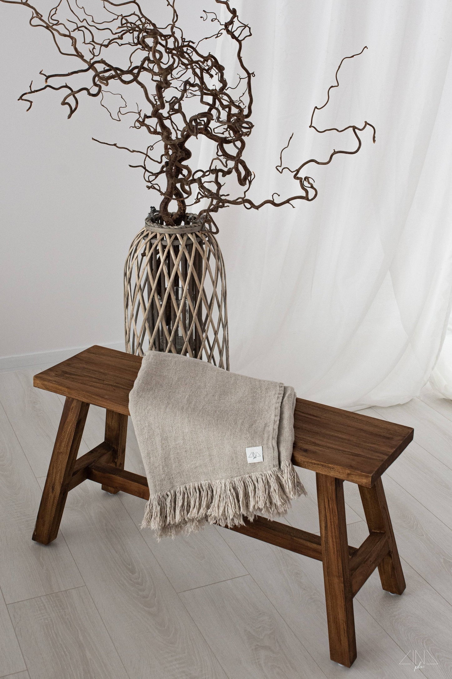 Heavy Weight Twill Linen Throw with fringes in natural flax color.