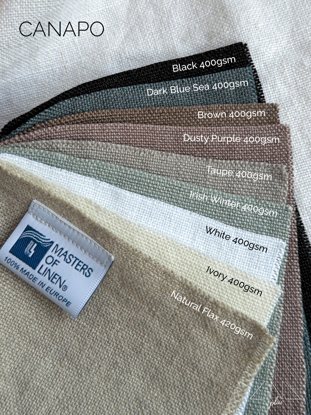 Linen samples CANAPO in multiple colors displayed with Masters of Linen label