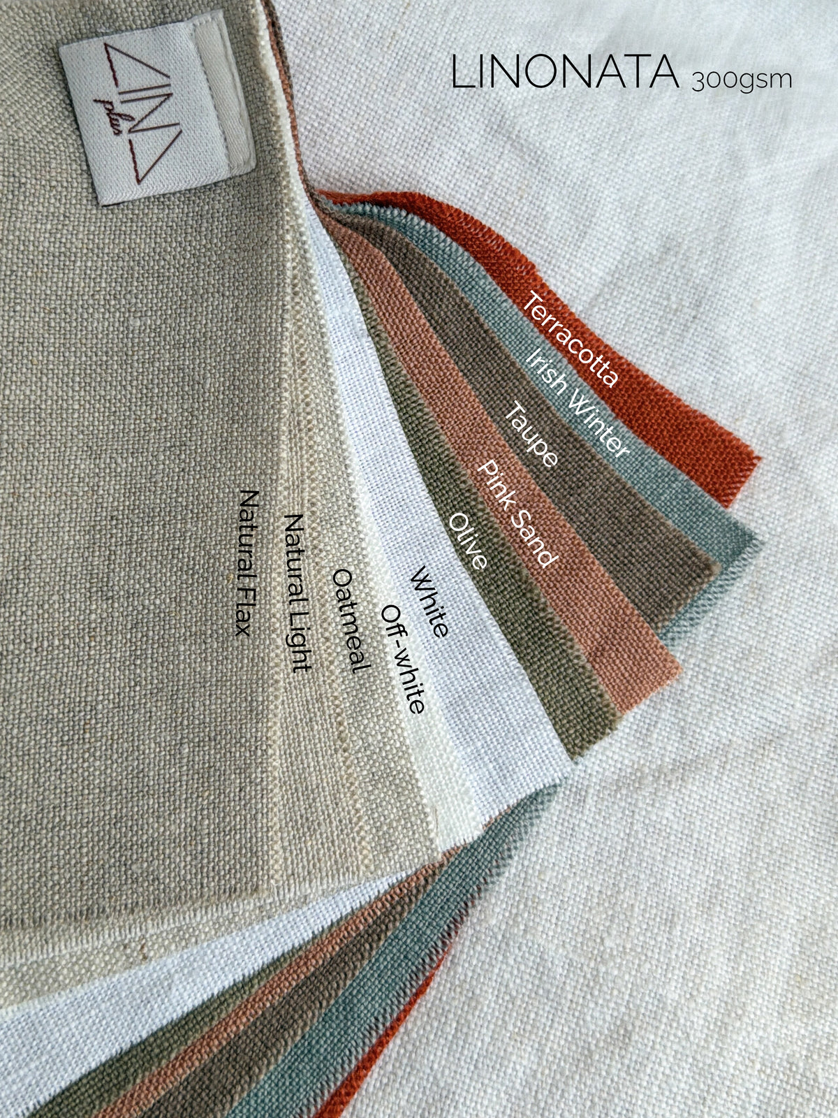 Linen Samples LINONATA fabric swatches in multiple colors with labels and branding tag