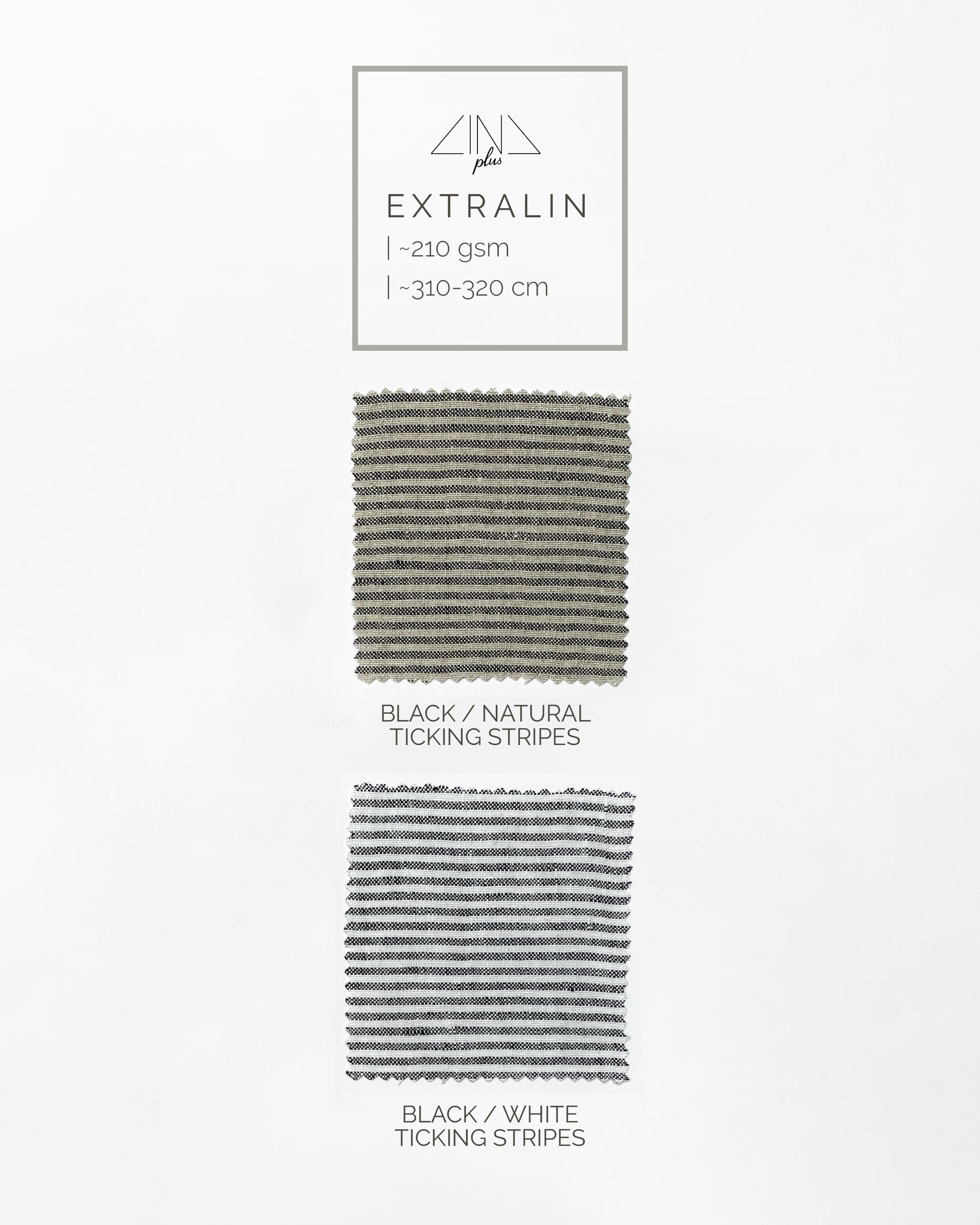 Medium Weight Linen color samples in Black and Natural ticking stripes, Black and White ticking stripes.