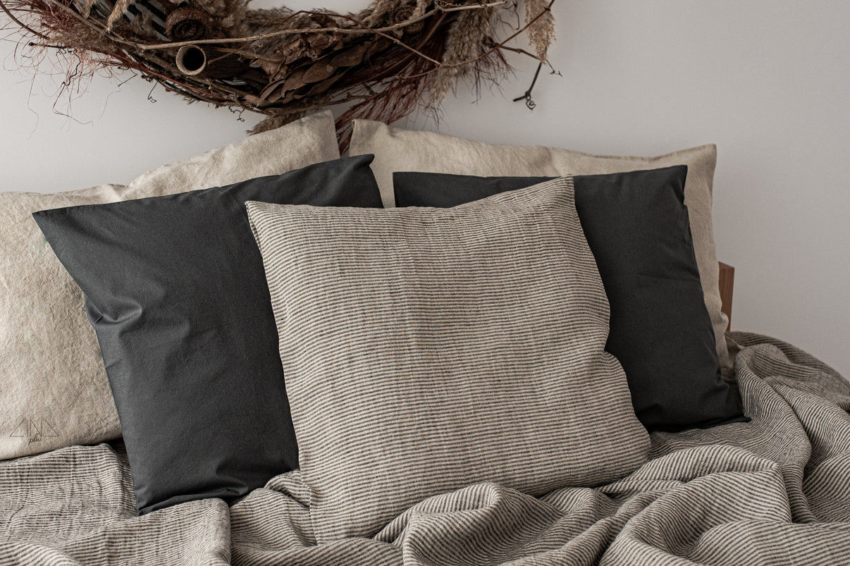 Striped Medium Weight Linen Deco Cushion Cover in Black and Natural ticking stripes.