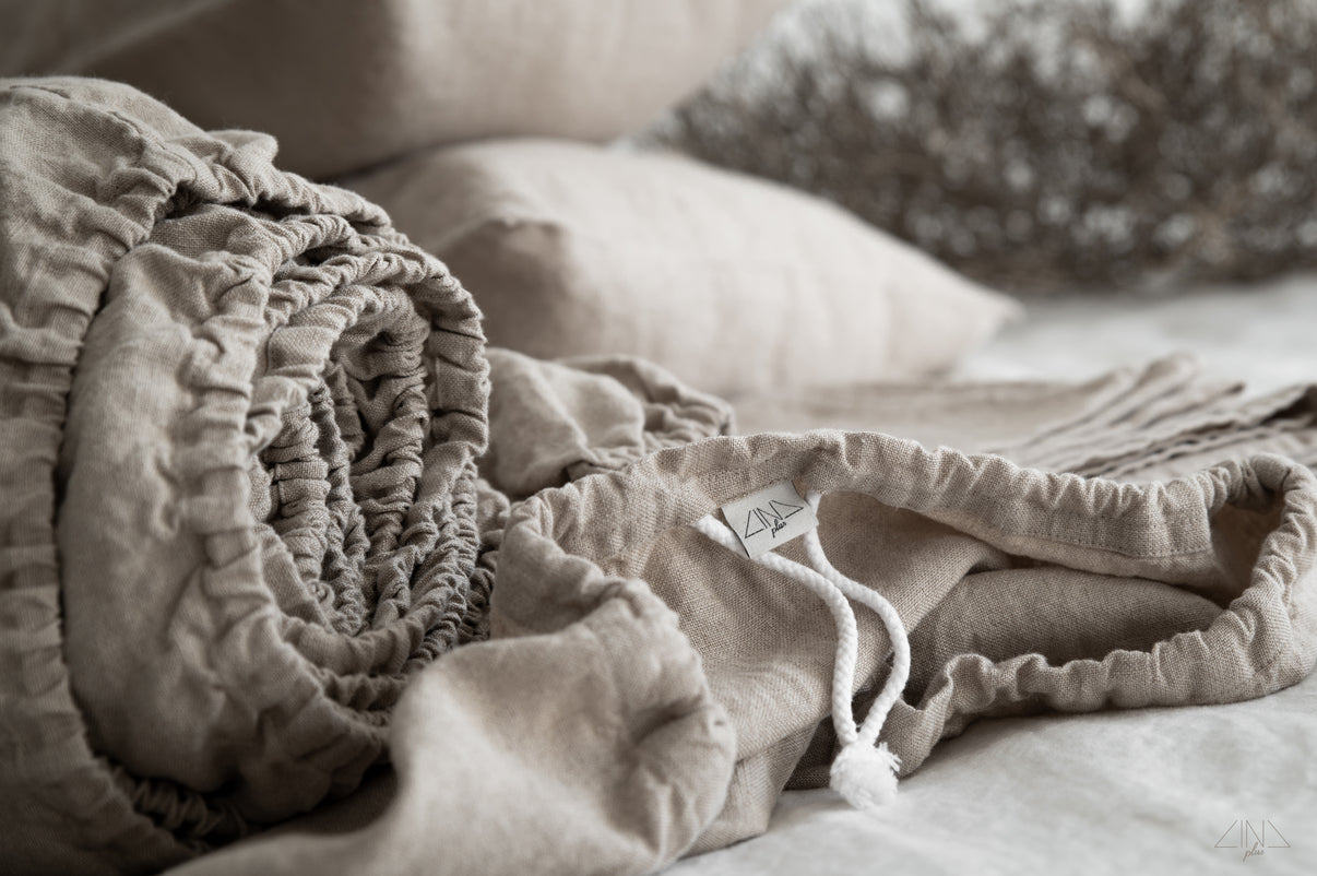 Heavy Weight Linen Sheet Set with Flat and Fitted Sheets, Pillowcases in Natural undyed flax color.