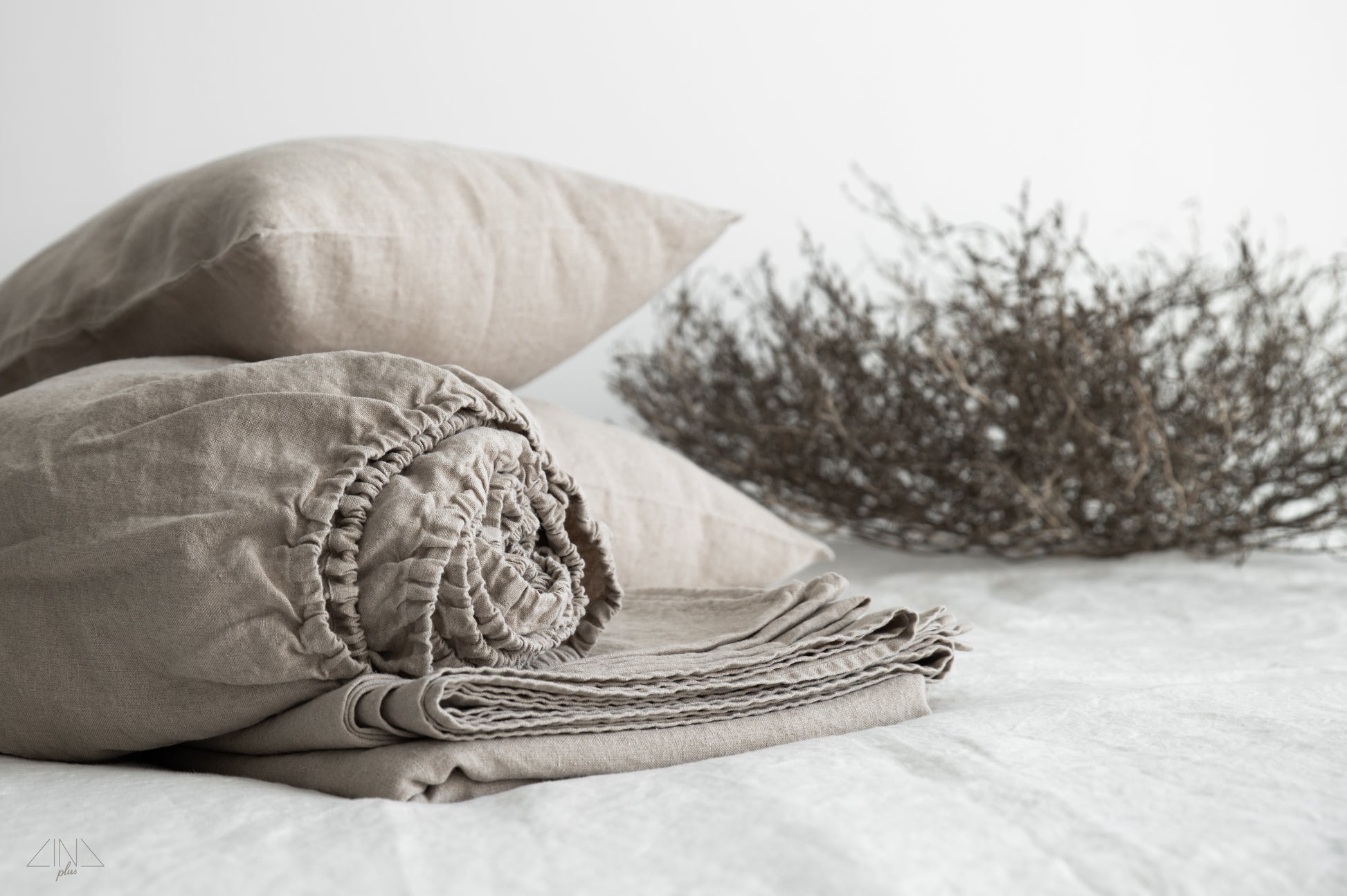 Heavy Weight Linen Sheet Set with Flat and Fitted Sheets, Pillowcases in Natural undyed flax color.