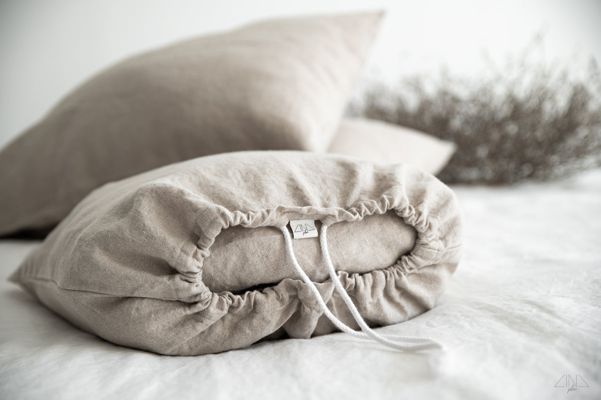 Heavy Weight Linen Sheet Set with Flat and Fitted Sheets, Pillowcases in Natural undyed flax color packed in a bag.